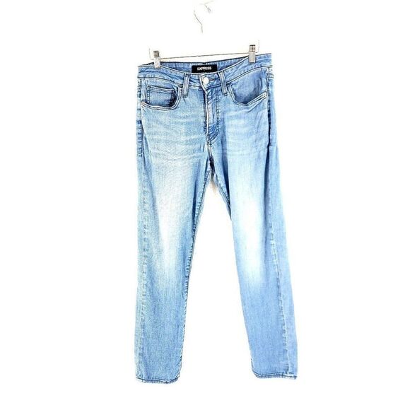 DAMAGED Express Light Blue Stone Wash Whisker Mid Rise Denim Jeans‎ 30/29 Slim - Picture 1 of 11